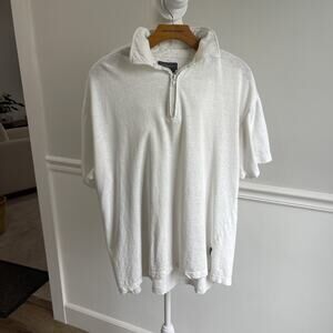 OTE Of The Earth Short Sleeve Shirt Men Sz L Zip Henley Collar Off White HEMP